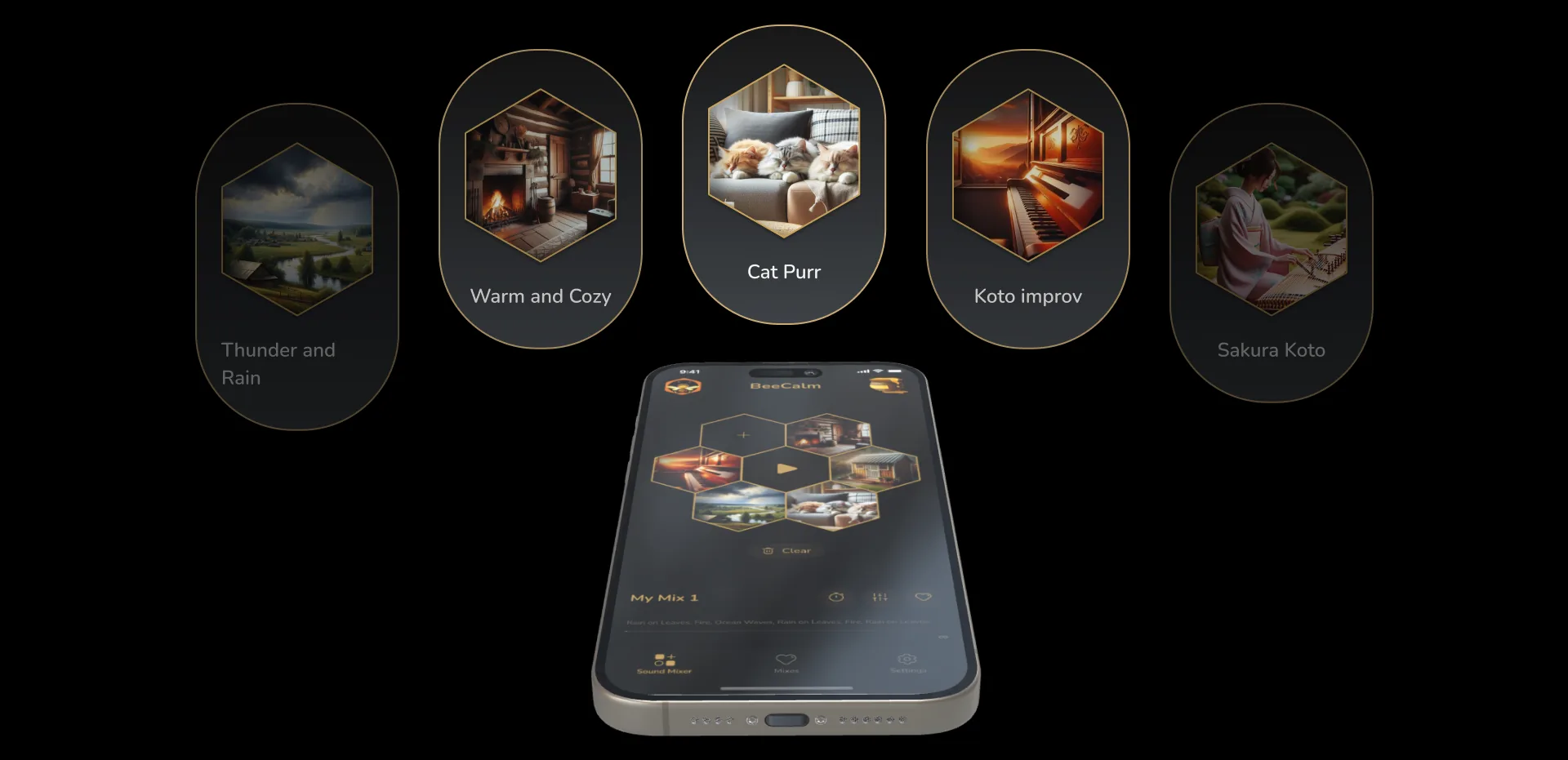 BeeCalm app screens — sound mixing and relaxation experience