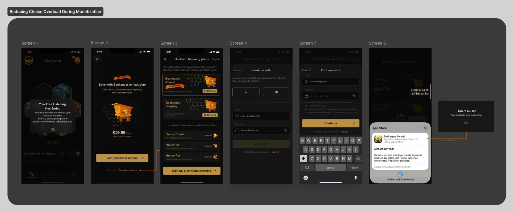BeeCalm screens — reducing choice overload during monetization