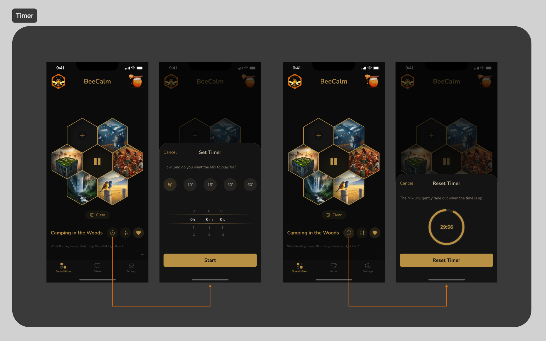 BeeCalm screens — sleep timer