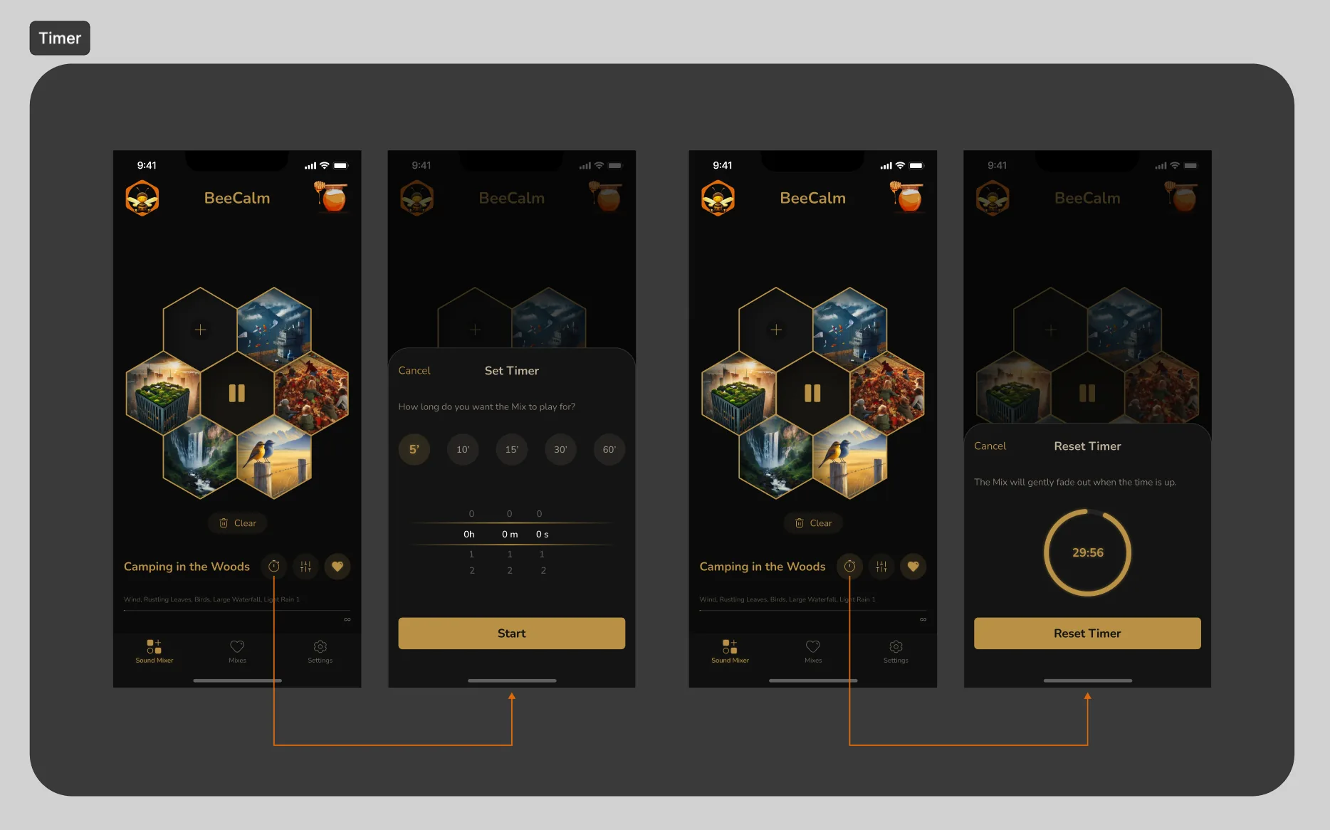 BeeCalm screens — sleep timer