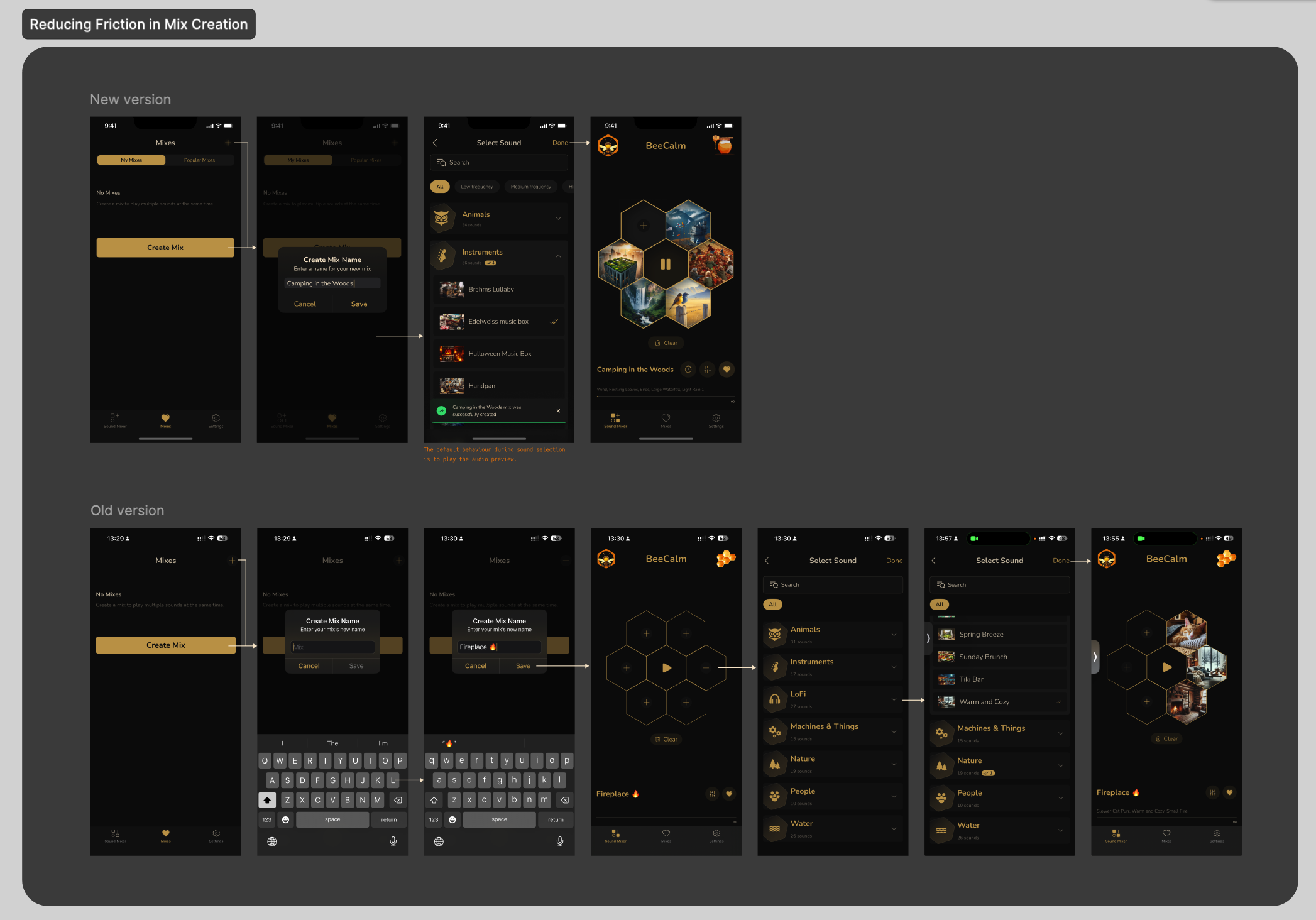 BeeCalm screens — reducing friction in mix creation