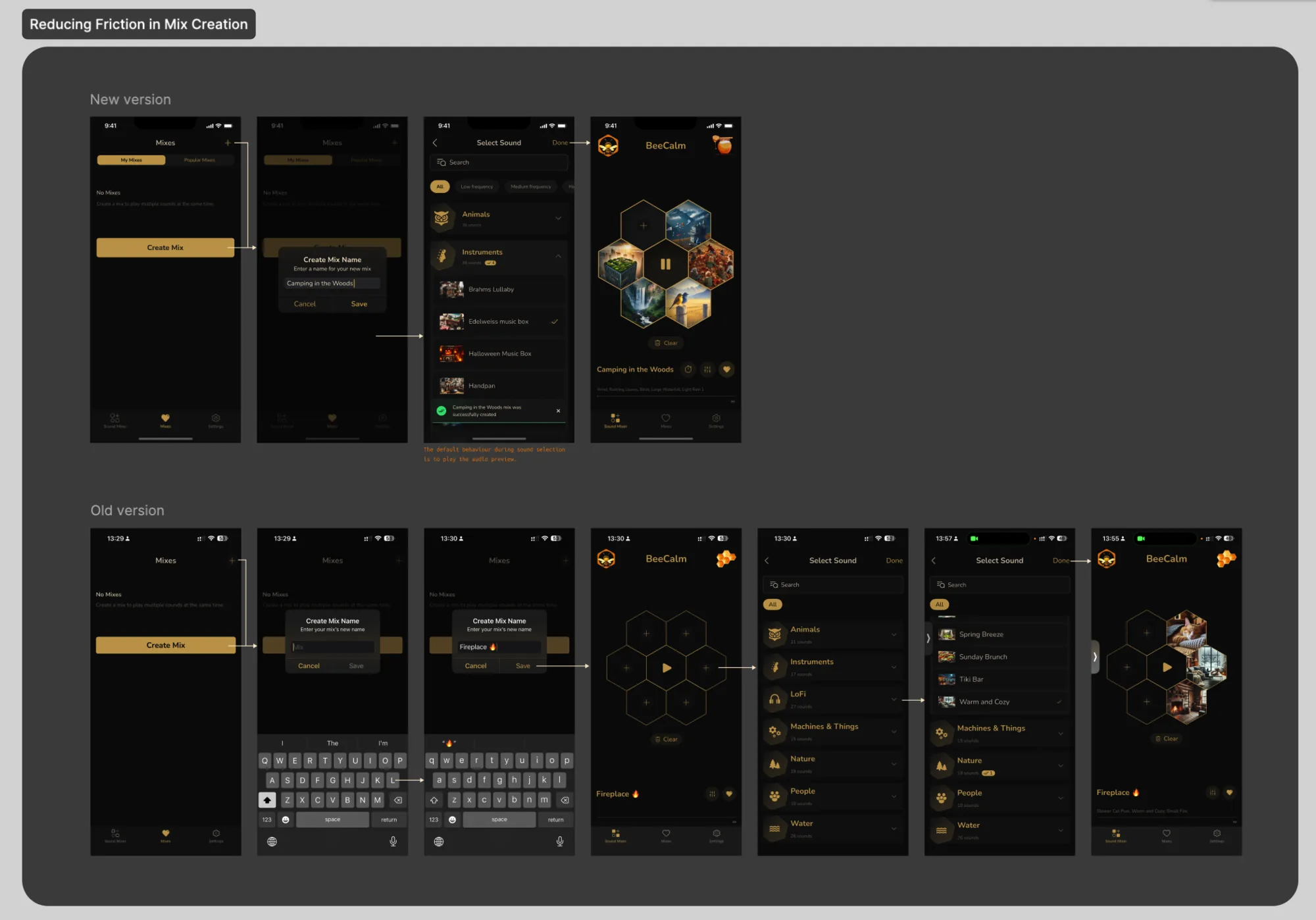 BeeCalm screens — reducing friction in mix creation