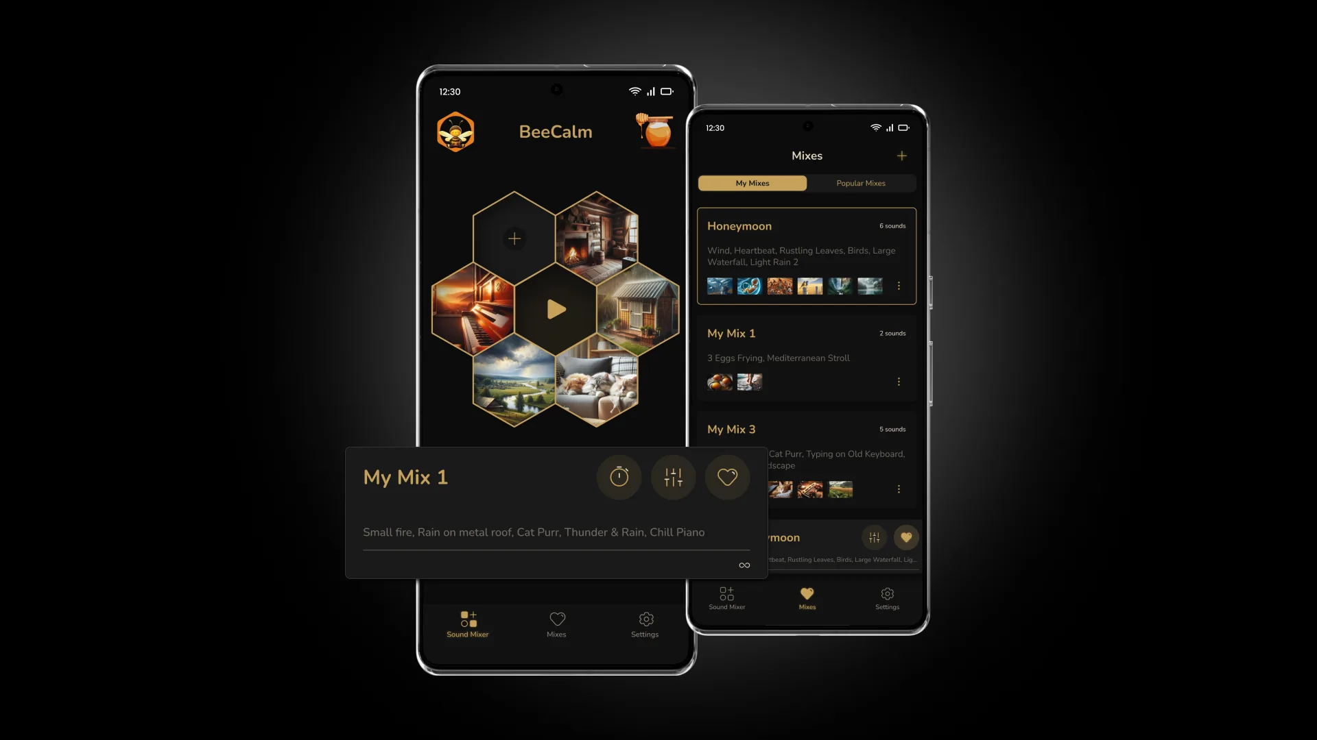 BeeCalm app screens — mixes library