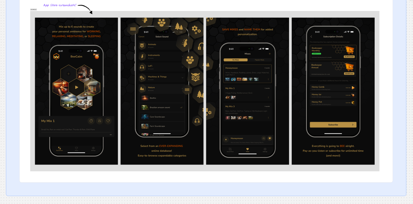 BeeCalm research — app screens overview