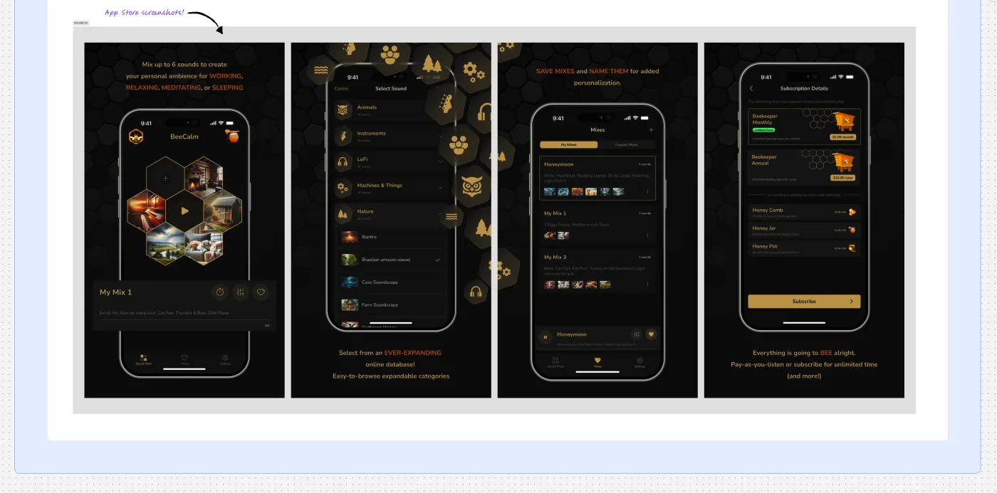 BeeCalm research — app screens overview
