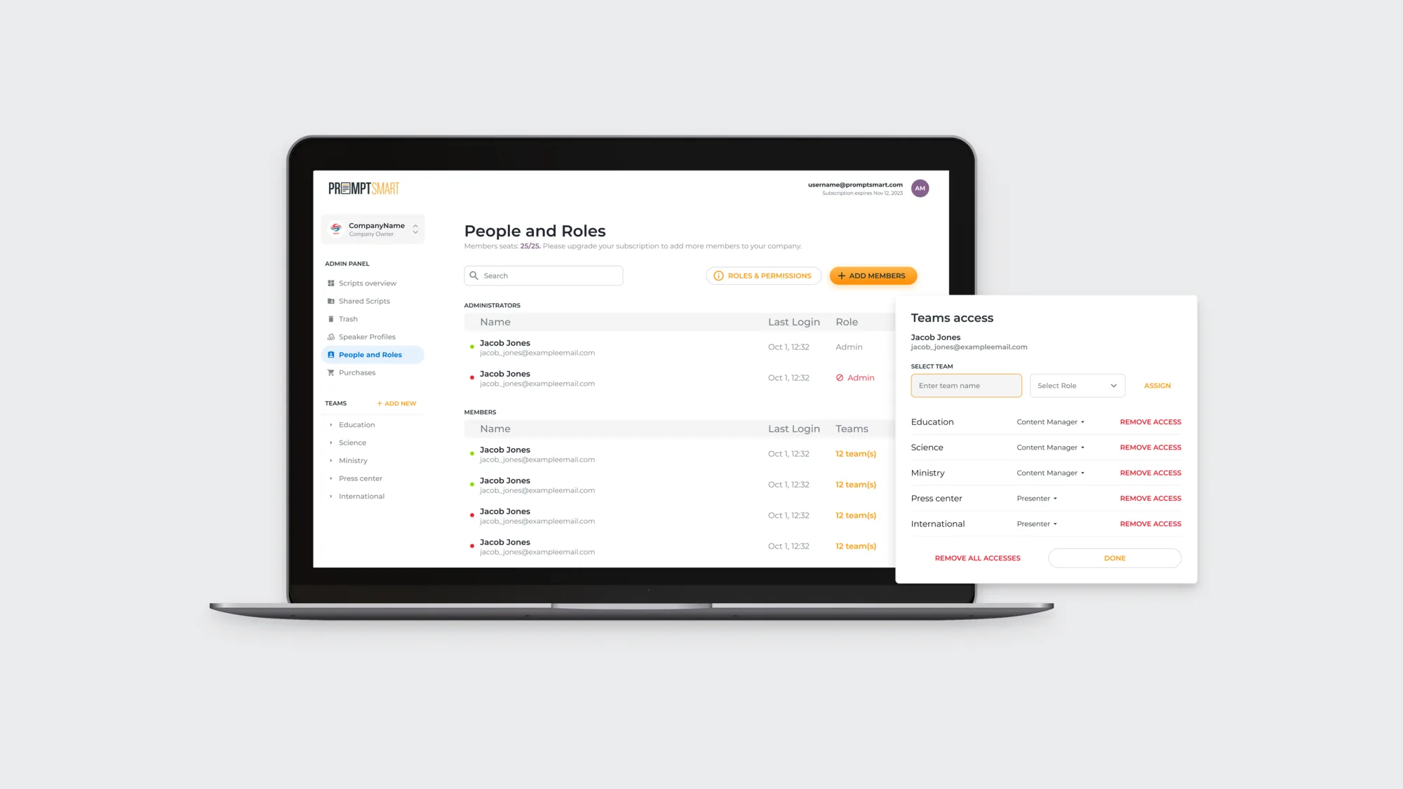 PromptSmart result — People and Roles admin panel with team access modal