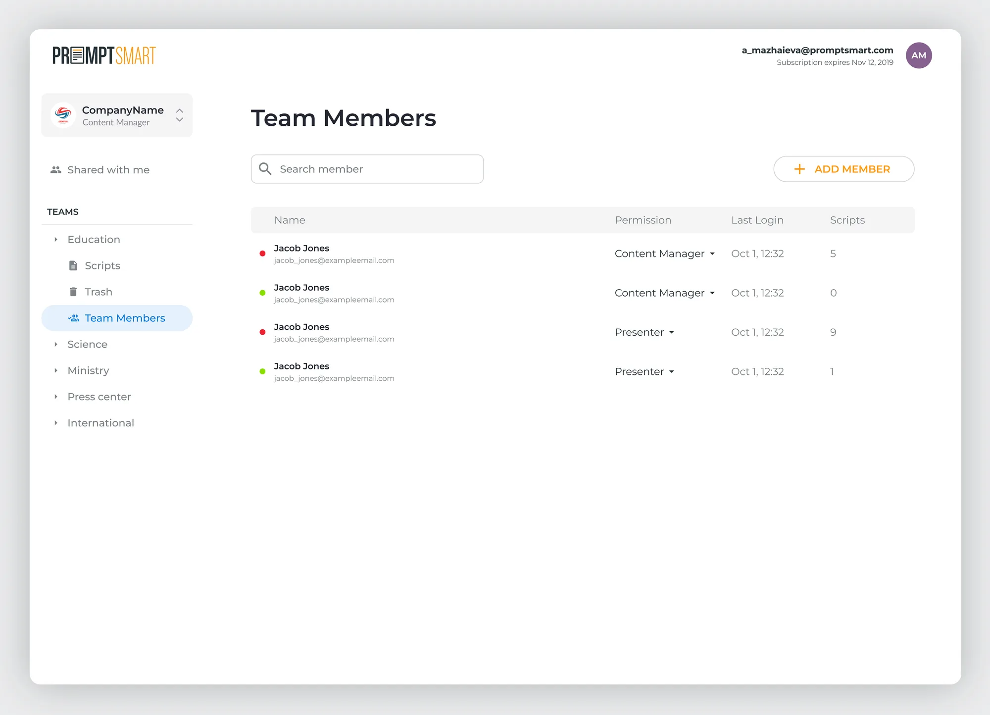 PromptSmart result — team members list